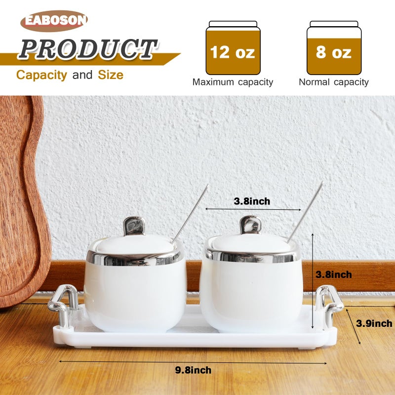 EABOSON Ceramic Sugar Bowl 2 Pack, Porcelain Seasoning Jar with Tray, Spoon and Lid for Sugar, Pepper, Coffee, Spice, Salt (silver) - Image 2