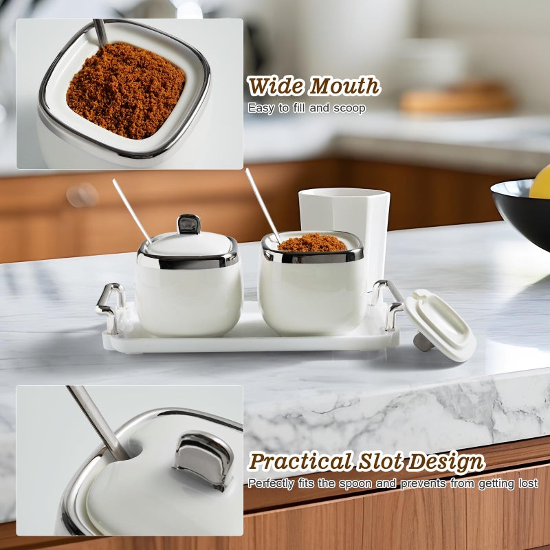 EABOSON Ceramic Sugar Bowl 2 Pack, Porcelain Seasoning Jar with Tray, Spoon and Lid for Sugar, Pepper, Coffee, Spice, Salt (silver) - Image 4