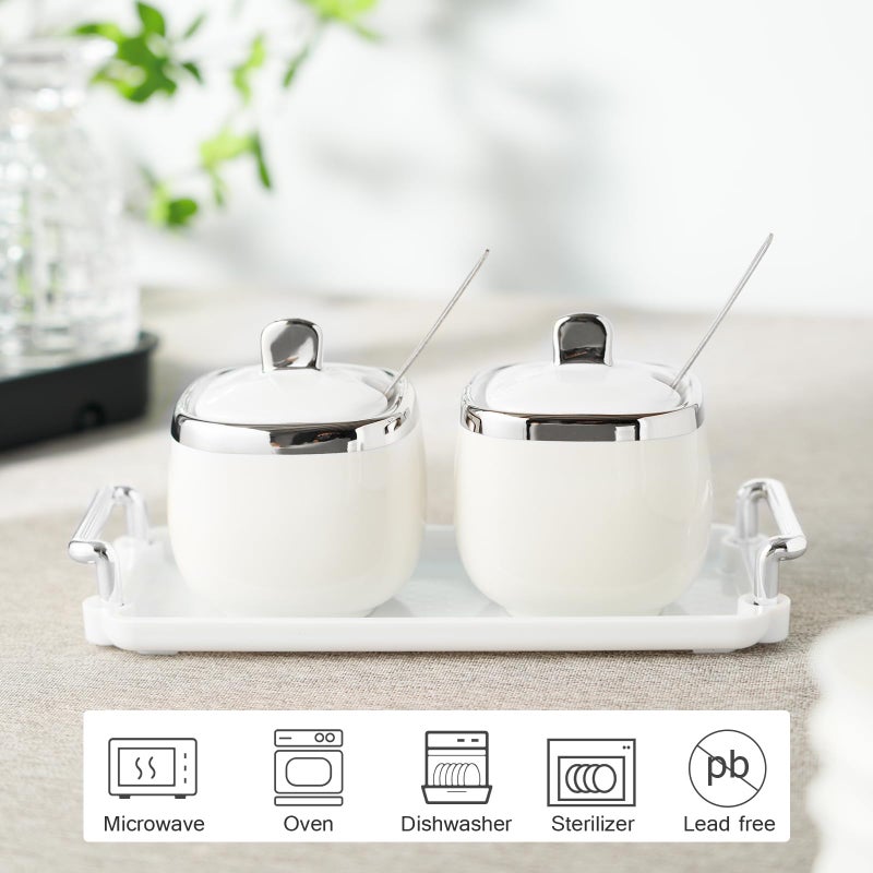 EABOSON Ceramic Sugar Bowl 2 Pack, Porcelain Seasoning Jar with Tray, Spoon and Lid for Sugar, Pepper, Coffee, Spice, Salt (silver) - Image 3