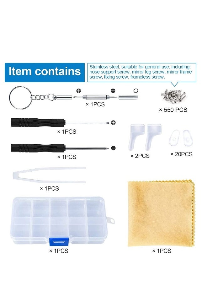 Generic - Glasses Repair Tool Kit 550 Pcs Spectacles Repair Screws Set with Mini Screwdriver Screws Nuts Silicone Nose Pads Tweezer Glasses Cloth - Image 1