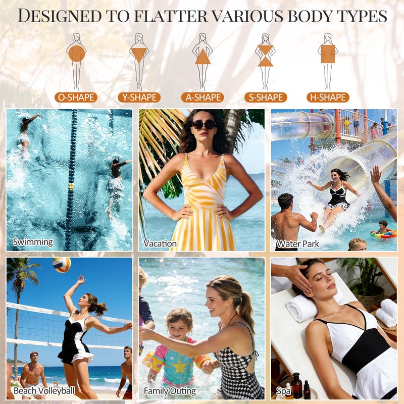 Zando Women's Tummy Control Swim Dress | One Piece Swimsuit with Skirt & Mesh for Over 50, Color Block Design A Black White XL (US 12-14) - Image 5