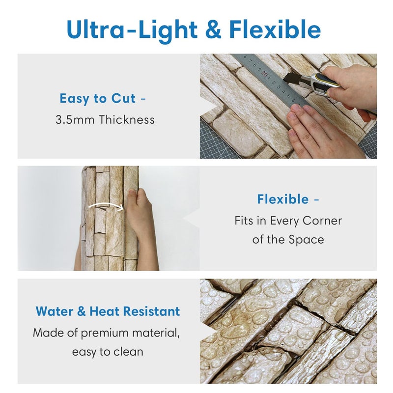 COMSTICKC Peel and Stick Faux Stone Wall Sticker Wall Panels, 10 Pcs 12" x 12", Not Real Stone, Ultra-Light Thin PVC Rock Adhesive Decorative Tiles Wall Covering Wallpaper Interior Decor, Light Brown - Image 4