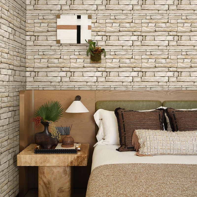 COMSTICKC Peel and Stick Faux Stone Wall Sticker Wall Panels, 10 Pcs 12" x 12", Not Real Stone, Ultra-Light Thin PVC Rock Adhesive Decorative Tiles Wall Covering Wallpaper Interior Decor, Light Brown - Image 2
