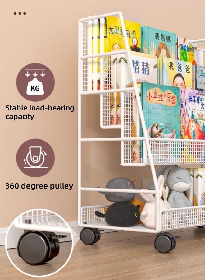 Purrhappy 3-Tier Mobile Kids Bookshelf with Back Storage Pocket, Rolling Metal Toddler Book Display Rack, Large Size Wheeled Book Toy Organizer Shelf for Bedroom Living Room Nursery Playroom (50cm Height, White) - Image 3