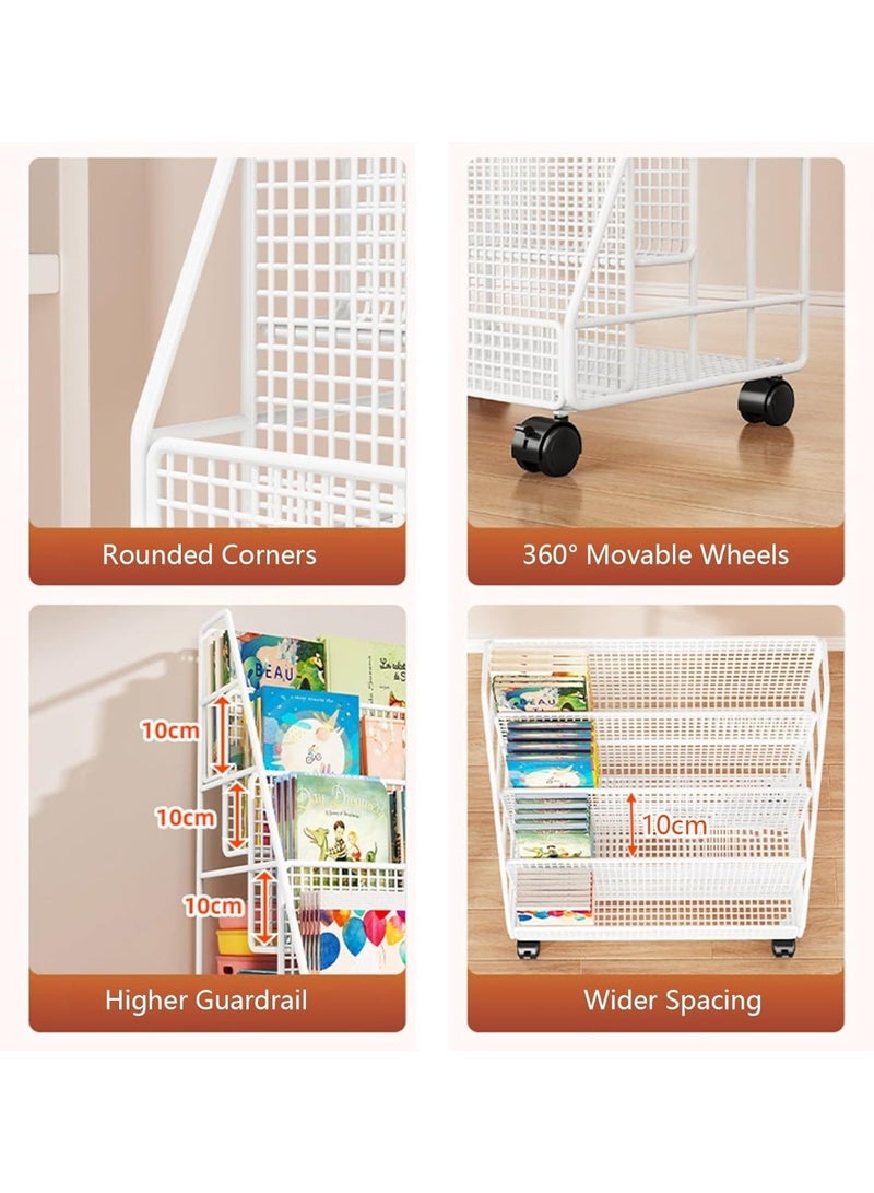 Purrhappy 3-Tier Mobile Kids Bookshelf with Back Storage Pocket, Rolling Metal Toddler Book Display Rack, Large Size Wheeled Book Toy Organizer Shelf for Bedroom Living Room Nursery Playroom (50cm Height, White) - Image 4