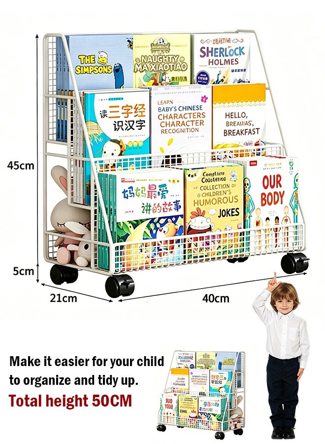Purrhappy 3-Tier Mobile Kids Bookshelf with Back Storage Pocket, Rolling Metal Toddler Book Display Rack, Large Size Wheeled Book Toy Organizer Shelf for Bedroom Living Room Nursery Playroom (50cm Height, White) - Image 2