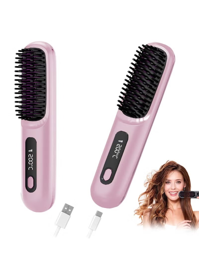 Electric Hair Straightener Brush, Portable Ceramic Ionic Straightening Comb and Curler, LED Display, Fast Heating, 3 Temp Settings & Anti-Scald Head Massager for All Hair Types, Pink - Image 1