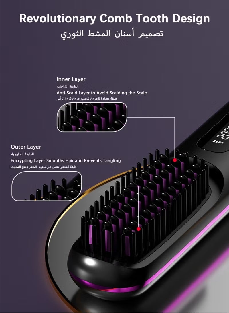Electric Hair Straightener Brush, Portable Ceramic Ionic Straightening Comb and Curler, LED Display, Fast Heating, 3 Temp Settings & Anti-Scald Head Massager for All Hair Types, Pink - Image 2
