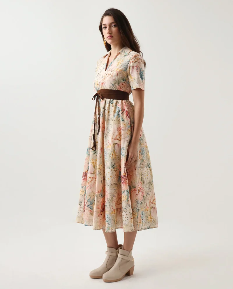 Rareism Rareism Women Jetto Light Multi Cotton Fabric Regular Sleeves Collared Neck Fit And Flare Midi Printed Dress