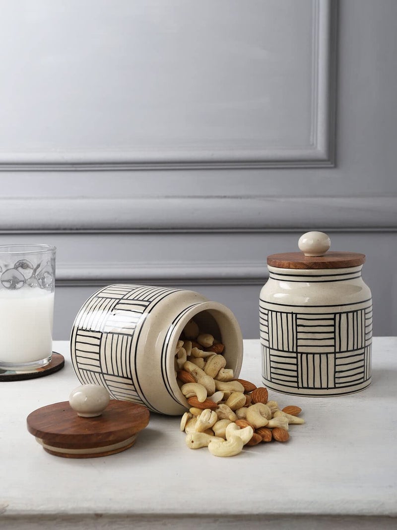 miah decor Ceramic Jars For Kitchen Storage With Wooden Lid Pickle Spices Stoneware Canister Food Storage Jar Box With Airtight Silicone Seal - Pack Of 2, (Size HxW:- 5X3 inches; Volume:- 460ml) - Image 1