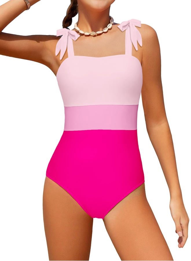 dearnow Girls Swimsuit One Piece Casual Color-Block Adjustable Straps Girls Bathing Suit Swimwear 9-16T, Pink 1, 13-14 Years - Image 1