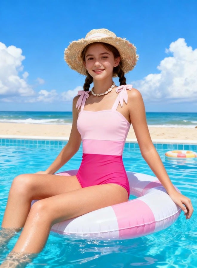 dearnow Girls Swimsuit One Piece Casual Color-Block Adjustable Straps Girls Bathing Suit Swimwear 9-16T, Pink 1, 13-14 Years - Image 4