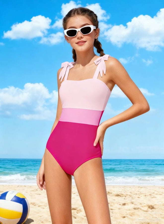 dearnow Girls Swimsuit One Piece Casual Color-Block Adjustable Straps Girls Bathing Suit Swimwear 9-16T, Pink 1, 13-14 Years - Image 2