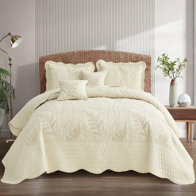 BOTANICAL OVERSIZED BEDSPREAD KING SIZE LEAVES PATTERN STITCHING QUILT SET ELEGANT FRESH STYLE BEDDING COVERLETS REVERSIBLE LIGHTWEIGHT 5 PIECE IVORY