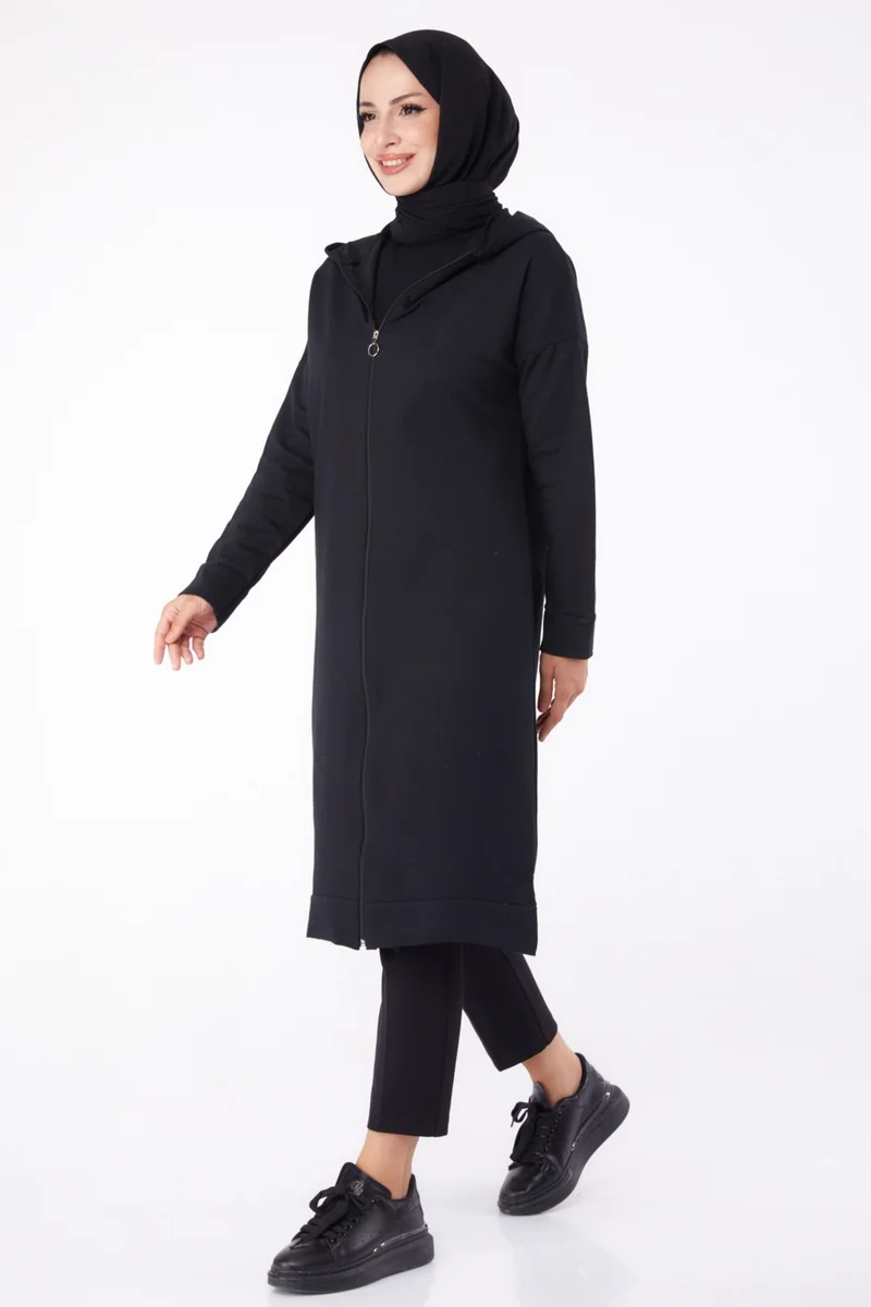 Tofisa Plain Hooded Collar Women's Black Zippered Coat - 13299