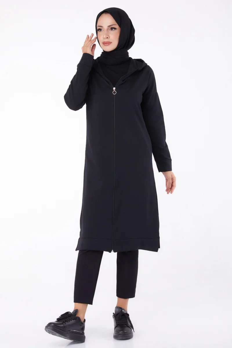 Tofisa Plain Hooded Collar Women's Black Zippered Coat - 13299