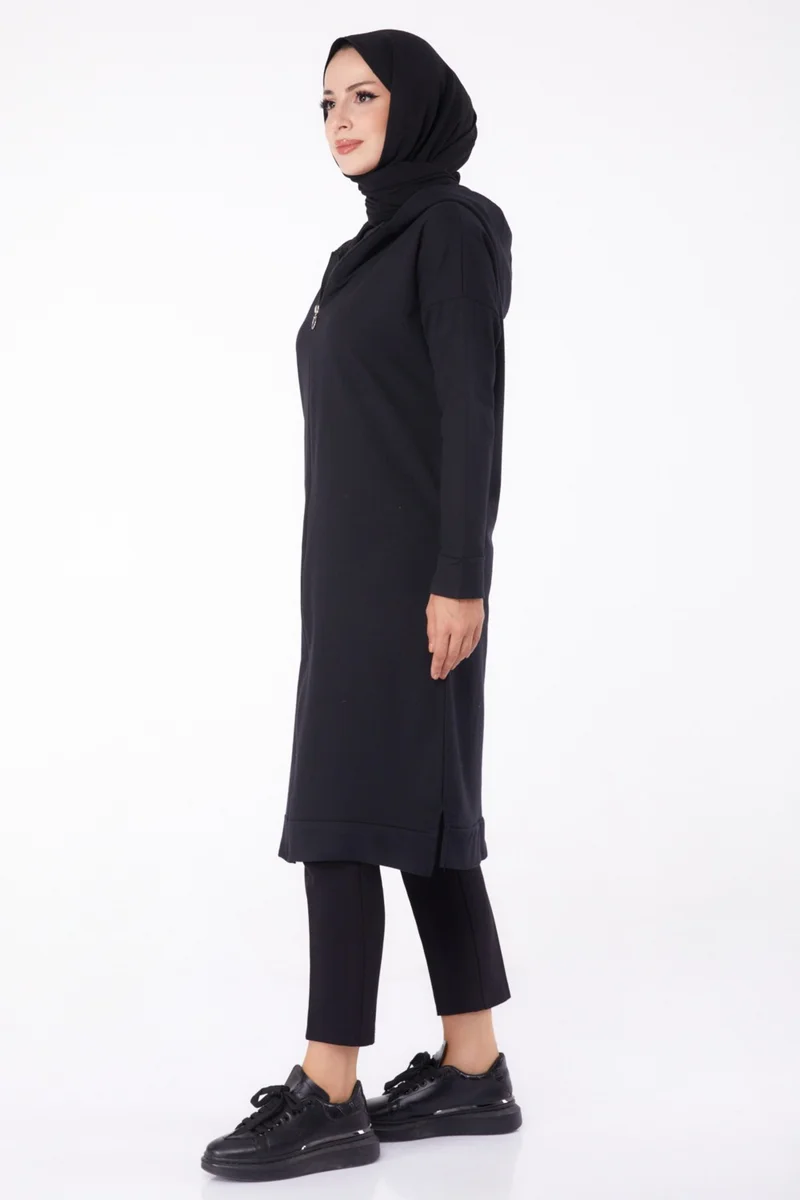 Tofisa Plain Hooded Collar Women's Black Zippered Coat - 13299