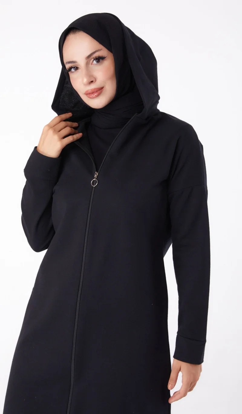 Tofisa Plain Hooded Collar Women's Black Zippered Coat - 13299