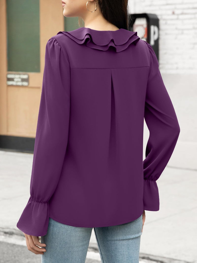 Funlingo Long Sleeve Tops for Women Dressy Fall Business Casual Tunic Blouses V Neck Work Ladies Formal Fashion Chiffon Ruffle Shirts Deep Violet XL - Image 3