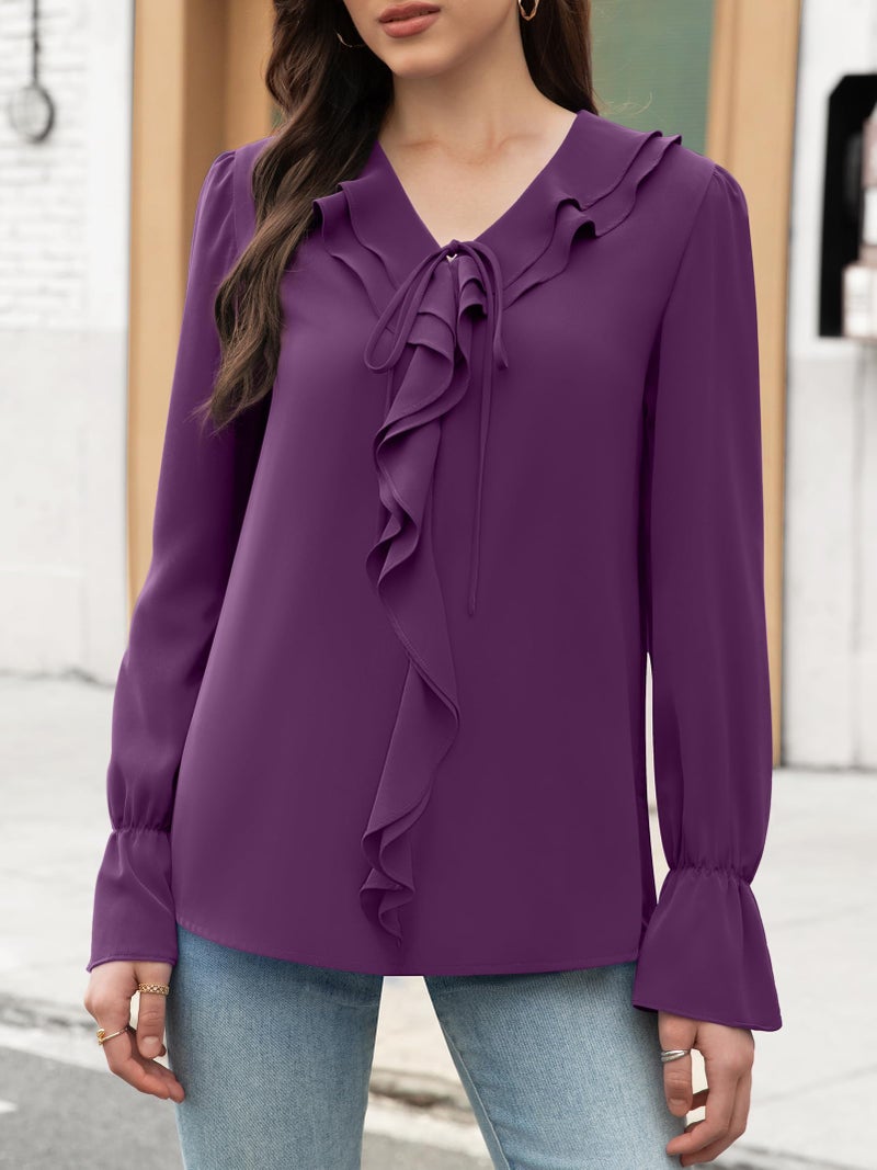 Funlingo Long Sleeve Tops for Women Dressy Fall Business Casual Tunic Blouses V Neck Work Ladies Formal Fashion Chiffon Ruffle Shirts Deep Violet XL - Image 2