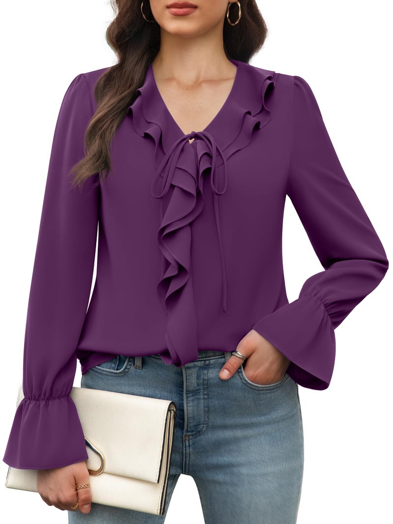 Funlingo Long Sleeve Tops for Women Dressy Fall Business Casual Tunic Blouses V Neck Work Ladies Formal Fashion Chiffon Ruffle Shirts Deep Violet XL - Image 1