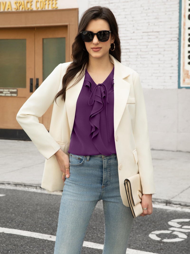Funlingo Long Sleeve Tops for Women Dressy Fall Business Casual Tunic Blouses V Neck Work Ladies Formal Fashion Chiffon Ruffle Shirts Deep Violet XL - Image 4