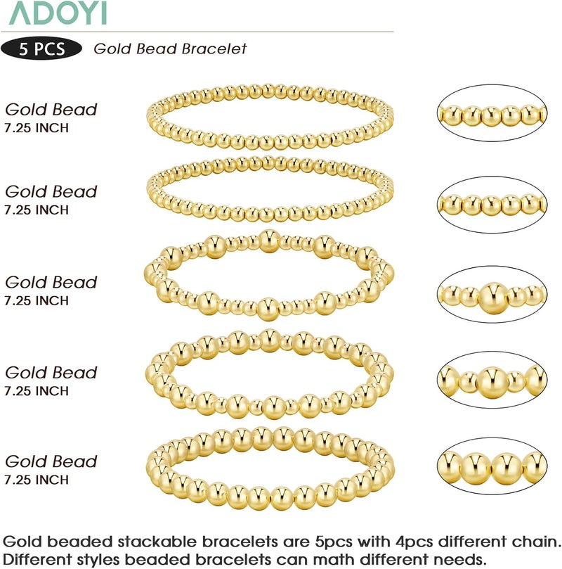 adoyi 14K Gold Plated Beaded Bracelets Set for Women - Adjustable Stretch Stackable Jewelry - Image 5