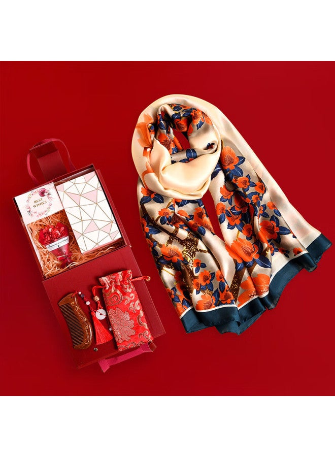 Hang Silk House Hangsifu Silk Scarf Gift Box Set, Group Purchase Gift, Shawl, Outer Wear, Gift For Elders And Mothers, Birthday Gift For Women, Practical And Elegant Comb - Image 1