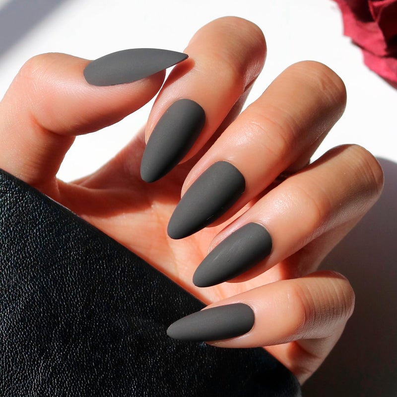 Glamnetic Press On Nails - Red Bottom | Red Accent Dual Side Medium Almond Fake Nails with a Black Matte Finish, Salon Quality Halloween Nails | 15 Sizes - 30 Nail Kit with Glue - Image 1