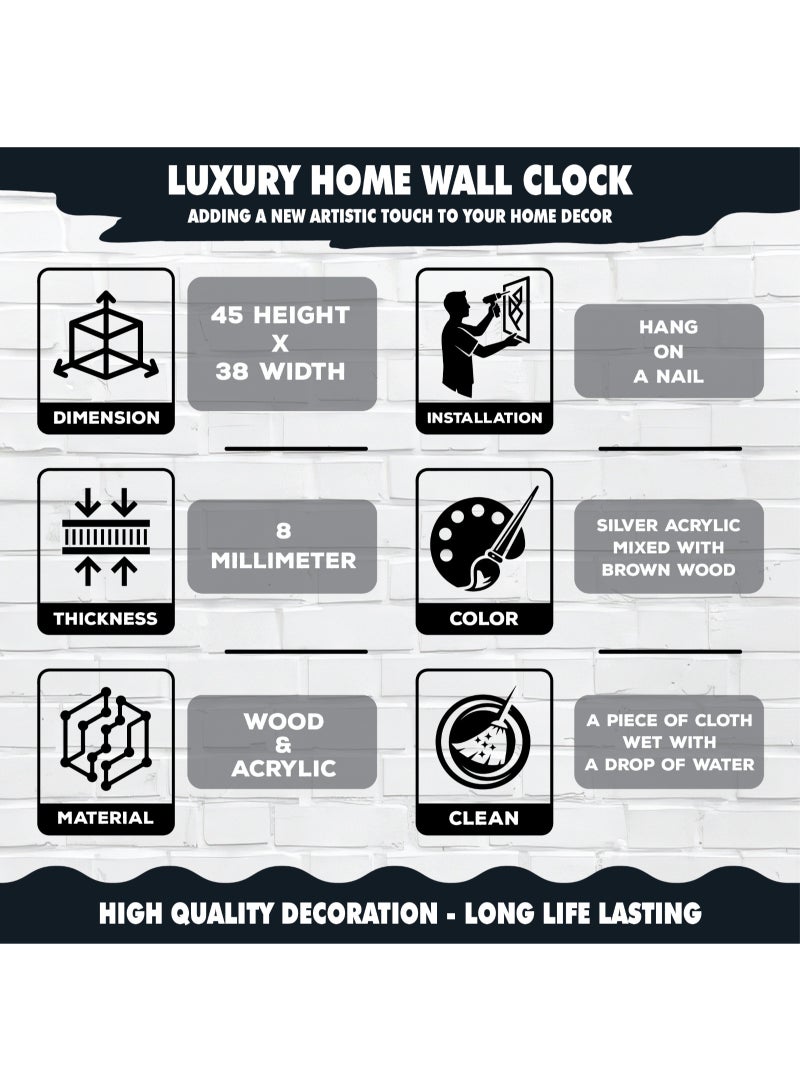 A luxurious decorative wall clock with a silver and wood finish, large in size, suitable for home, living room, and office. Easy to install, a modern wall piece to add a touch of elegance to any space. - Image 4