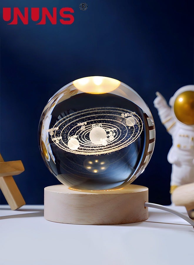 UNUNS 3D LED Crystal Ball,Clear 80mm (3.15 inch) Solar System Glass Ball With Wooden Base And Projection,3D Space Laser Engraving Night Lamp - Image 1