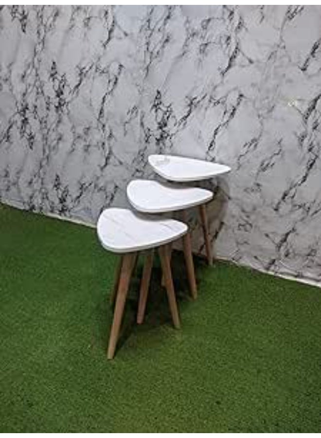 3-Piece Triangular Nesting Coffee Tables Set, Modern White Marble Pattern Wood Top with Sturdy Wooden Legs Accent Tables for Living Room
