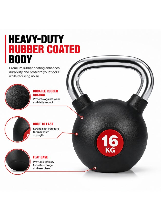 Rubber Coated Kettlebell 16KG with Ergonomic Steel Handle | Strength Training & Functional Fitness | Black - Image 2