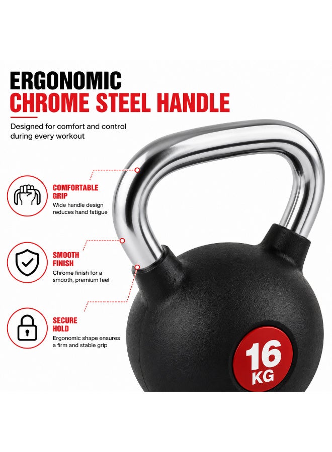 Rubber Coated Kettlebell 16KG with Ergonomic Steel Handle | Strength Training & Functional Fitness | Black - Image 3