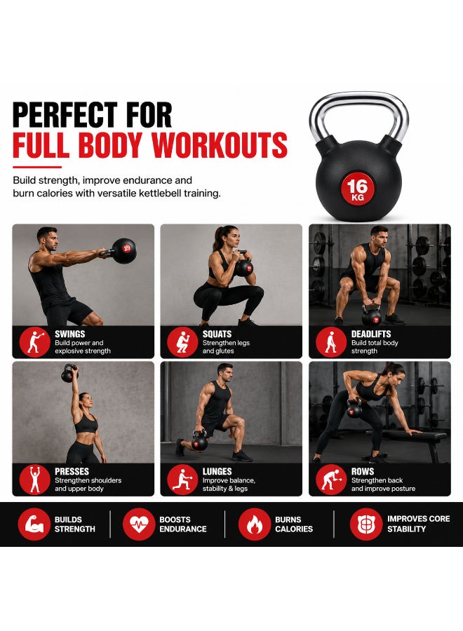 Rubber Coated Kettlebell 16KG with Ergonomic Steel Handle | Strength Training & Functional Fitness | Black - Image 4