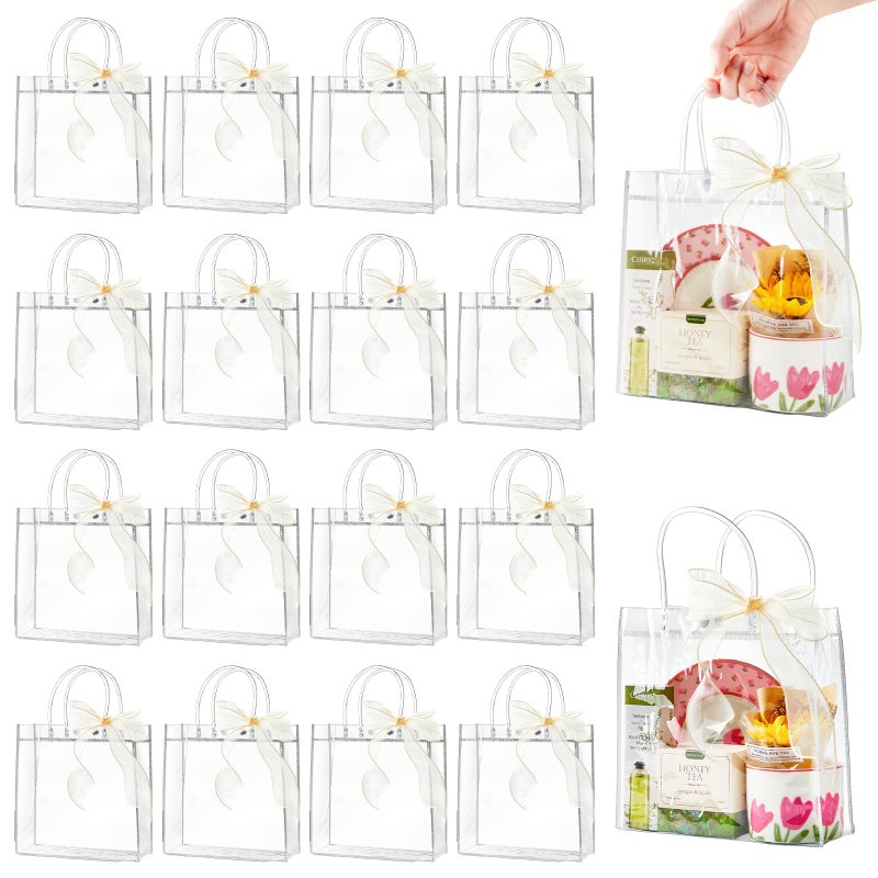 Ohuimrt 24 PCS Clear Plastic Gift Bags with Handles, 7.87 x 7.87 x 3.15 Inches Reusable Party Favor Bags with Ribbon Transparent Gift Wrap Bags Bulk for Weddings Birthdays - Image 1