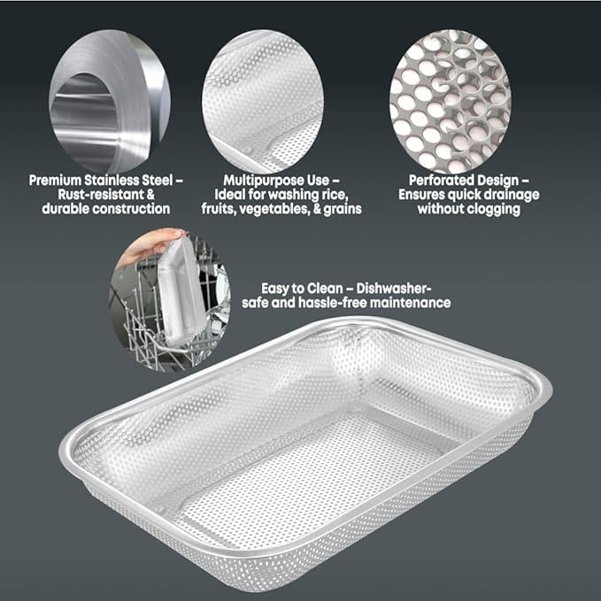 Olpad Premium Stainless Steel Rectangular Perforated Colander Strainer Basket for Kitchen Sink, Ideal for Washing & Draining Pasta, Vegetables, Fruits, Rice & More, Durable Metal Food Drainer - Image 4