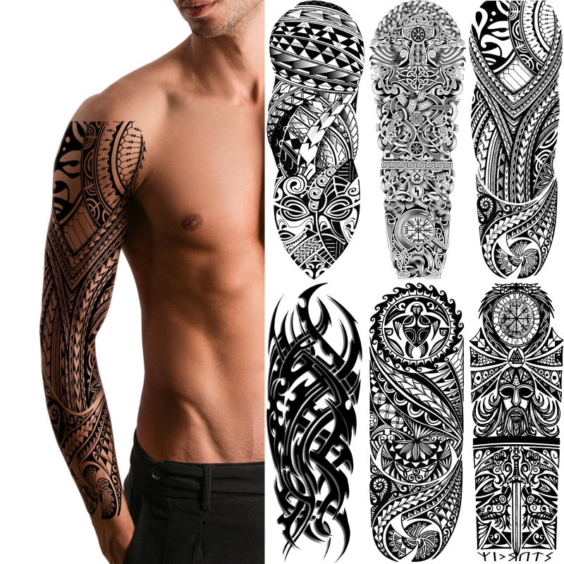 Totem Tribal Temporary Tattoo Sleeves Full Arm Large Polynesian Hawaiian Tribal Fake Tattoos Sleeve For Men Women Adult Black Viking Maori Temp Tatoo Sticker Leg Body Art Makeup 6Sheet