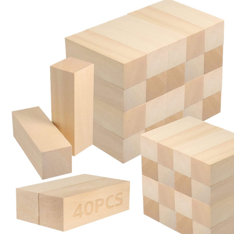 RHBLME 40 PCS Basswood Carving Blocks 4 x 1 x 1 Unfinished Wood Blocks for Carving Wooden Cubes Soft Solid Wooden Basswood for Wood Carving Beginners or Expert Carvers and Whittling