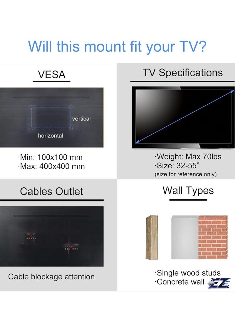 ELTRAZONE Adjustable TV Wall Mount Swivel and Tilt TV Arm Bracket for Most 32-55 inch LED, LCD Monitor and Plasma TVs up to 70lbs VESA up to 400x400mm - Image 2