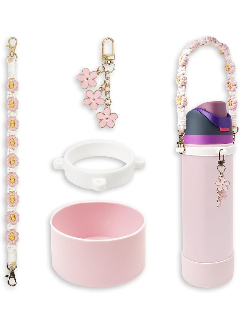 Silicone Boot & Handle Strap Set for 24/32/40oz Wide Mouth Water Bottles - Anti-Slip Protective Sleeve with Cute Flower Charm, Portable Water Bottle Accessories - Image 1