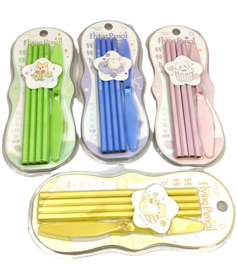 URM URM® Fancy Flying Wood Pencil School Stationary Set For Kids To Learn With Fun And Play (Pack Of 1 Sets, Total 4 Pencil And 1 Flying Cap Blade) - Image 3