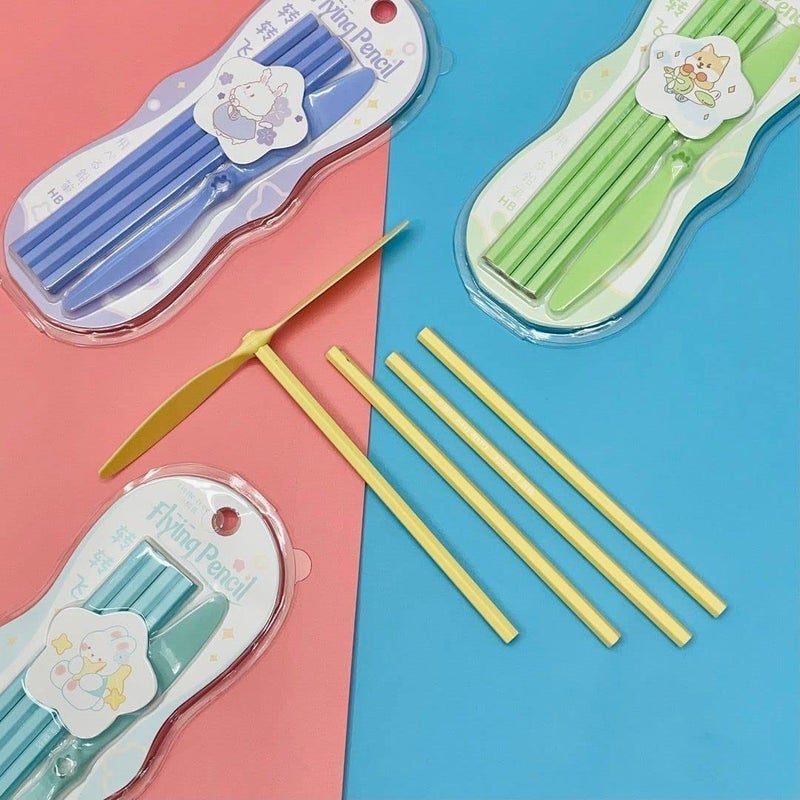 URM URM® Fancy Flying Wood Pencil School Stationary Set For Kids To Learn With Fun And Play (Pack Of 1 Sets, Total 4 Pencil And 1 Flying Cap Blade) - Image 1