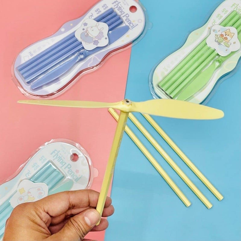 URM URM® Fancy Flying Wood Pencil School Stationary Set For Kids To Learn With Fun And Play (Pack Of 1 Sets, Total 4 Pencil And 1 Flying Cap Blade) - Image 2