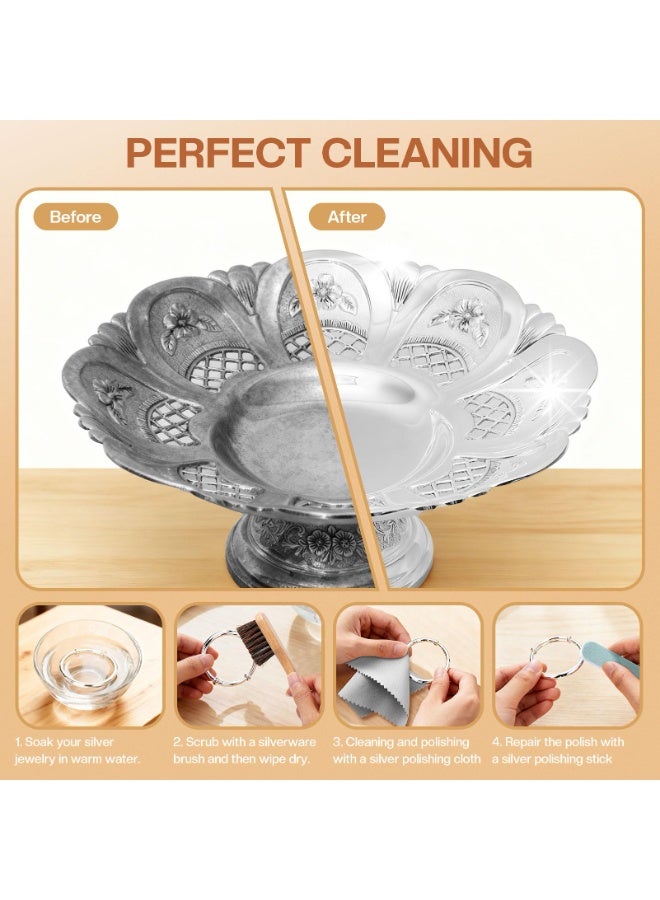 4 Pcs Horsehair Silver Cleaning Brush Set With Polishing Cloth, Silver Polish Dauber Applicator, Jewelry Silverware Plateware Detail Cleaner For Home Use - Image 5