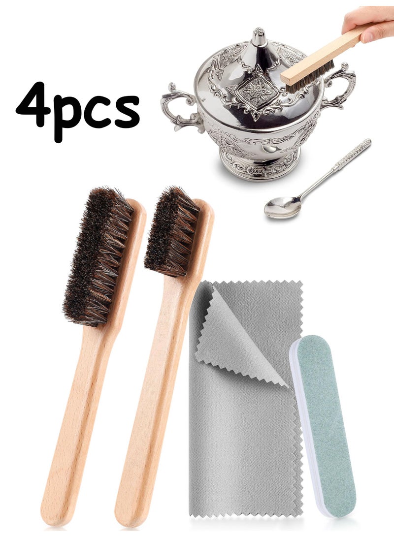 4 Pcs Horsehair Silver Cleaning Brush Set With Polishing Cloth, Silver Polish Dauber Applicator, Jewelry Silverware Plateware Detail Cleaner For Home Use - Image 1