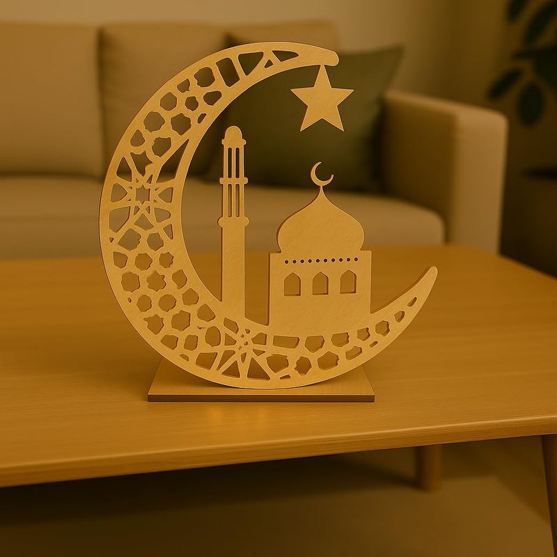 Horoof Home Natural Wooden Eid Mubarak Crescent Moon Decor - Image 2
