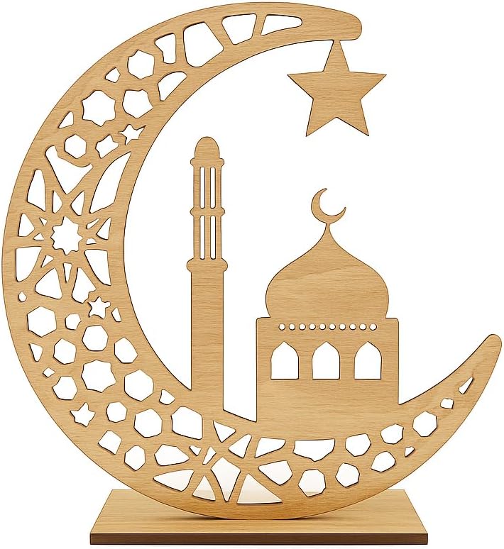 Horoof Home Natural Wooden Eid Mubarak Crescent Moon Decor - Image 1