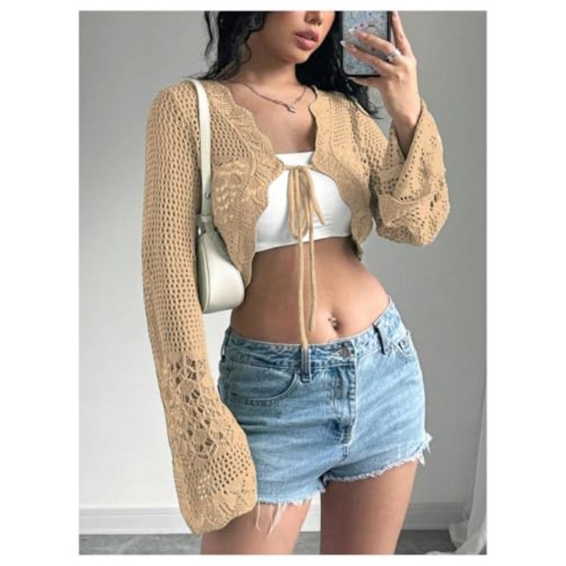 سترة نسائية من الكروشيه بربطة أمامية وأكمام جرس محبوكة وقصيرة من بوليرو سترة صوفية - Image 2