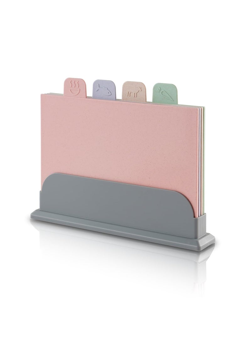 SYOSI 4 Pcs Cutting Board Set with Stand, Color Coded Reversible Chopping Boards, Plastic Cutting Boards Compact,for Safer Food Prep, Prevent Cross-contamination, Eco-friendly Wheat Straw Fiber - Image 1